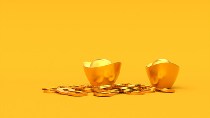 Falling Chinese lucky golden 3d coins on the ingots. Yellow color background. Happy Chinese New Year. 3d rendering illustration.