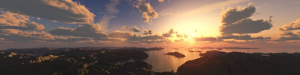 bay at sunset, an archipelago at sunrise, islands from a flight height, a bay from a height, a seascape with a bay