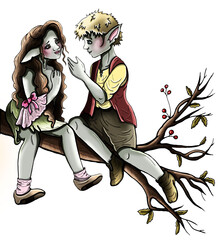 Cartoon isolated characters in full growth, magic romantic a couple of elves with sharp ears, cute and kind, in a clothes and shoes, a sitting on a big tree branch with leaves and berries.