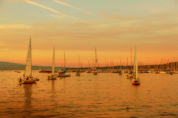 Scenic view of sailboats and yachts in Geneva Harbor and Swiss Alps at sunset orange sky on background. Geneva in Leman Lake, French Swiss, Switzerland.