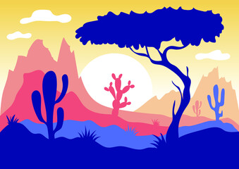 Landscape of mountains, trees and cactuses with sunset