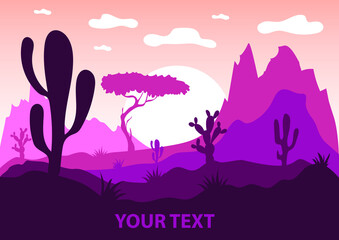 Silhouettes of trees, mountains and cactuses in the setting sun