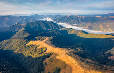 Fototapeta premium Aerial landscape photography. Stunning summer view from flying drone of Sheshul mountain range. Colorful morning view from flying drone of Carpathian mountains.