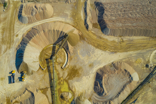 Aerial view of the sandy shapes of a quarry in Blackberry Township, Illinois, United States of America.