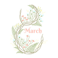 Simple delicate design template with 8 March greeting card on white background. Decorative symbol of twigs, greenery and flowers. Nature concept. Flat vector illustration.