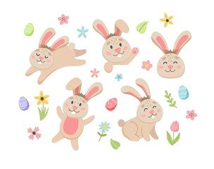 Easter bunny set with cute flowers and eggs. Hand drawn flat cartoon elements. Vector illustration