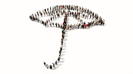 Concept or conceptual large gathering of people forming an image of opened umbrella on white background. A 3d metaphor for protection, security and comfort,  tourism, fashion and style