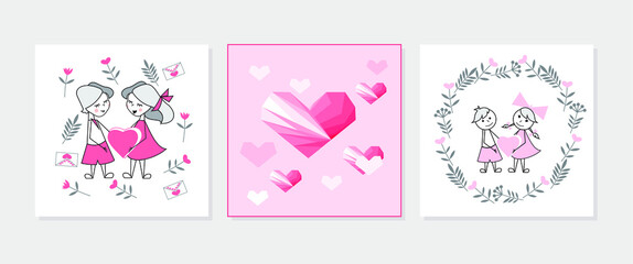 Valentines day vector illustration, set of postcards with triangular hearts, boyfriend and girlfriend. Boy gave girl heart, love letters, flowers frame. Love man and woman lineart hand draw concept