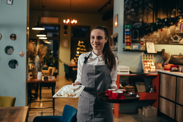 Fototapeta na wymiar waitress working in cafe or restaurant