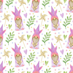 Happy easter watercolor seamless pattern. Branches, gnomes, eggs, hearts on a white background.