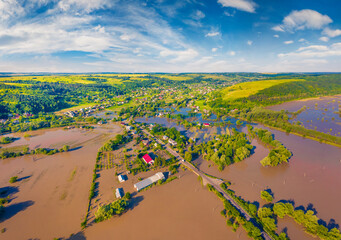 Aerial landscape photography. Flooded villages in western Ukraine. Flood on the Dniester River....