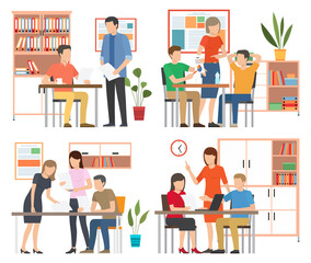 Fototapeta premium Businesspeople talking and working together in office. Staff communicating concept, teamwork. Business partners meeting around table. Brainstorming process, team businessman set of four scenes