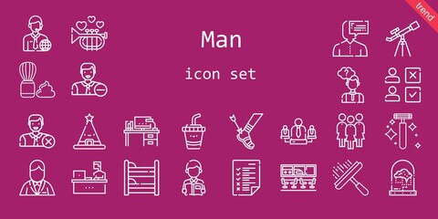 man icon set. line icon style. man related icons such as shaving brush, groom, news reporter, reading, team, brain, employee, thinking, drink, airport, trumpet, desk, working, window cleaner, razor