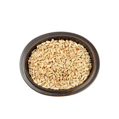 Peeled sunflower seeds in bowl isolated on white, top view