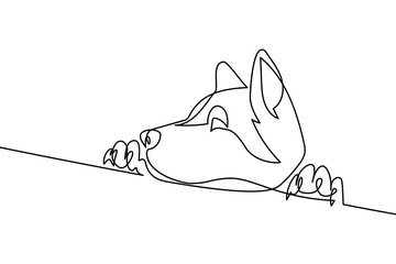 Curious dog in continuous line art drawing style. Portrait of cute dog standing up its hind legs and looking out black linear sketch isolated on white background. Vector illustration © GarkushaArt