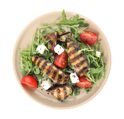Delicious salad with roasted eggplant, feta cheese and arugula isolated on white, top view