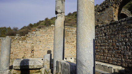 Selcuk, Ephesus, Turkey - January 2021: View of the ruins of the ancient Greek city of Ephesus near Selcuk. Ruins of the ancient city. 