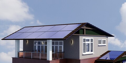 Solar panel on the roof of a modern house. A source of clean and cheap energy. Modern technologies. 3d illustration