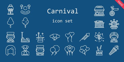 carnival icon set. line icon style. carnival related icons such as cotton candy, confetti, balloon, balloons, drum, fireworks, candy machine, wig, roller coaster, ferris wheel, ballons, clown