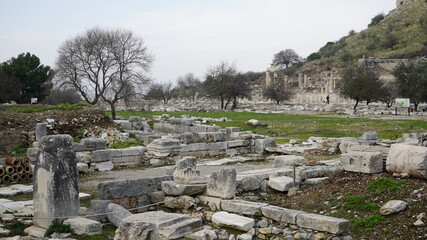 Fototapeta na wymiar Selcuk, Ephesus, Turkey - January 2021: View of the ruins of the ancient Greek city of Ephesus near Selcuk. Ruins of the ancient city.