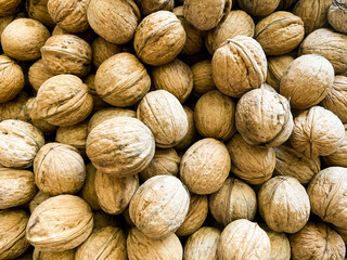Walnuts on the market or harvest festival. Overhead view