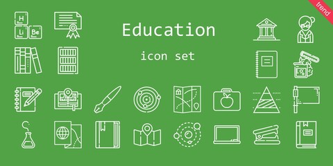 education icon set. line icon style. education related icons such as blackboard, stapler remover, test tube, flag, solar system, book, certificate, librarian, pyramid chart, periodic table, atoms