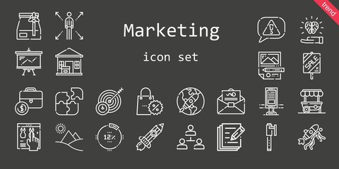 marketing icon set. line icon style. marketing related icons such as rising, mail, hierarchical structure, idea, billboard, network, target, presentation, online shop, planning, sale, food stand