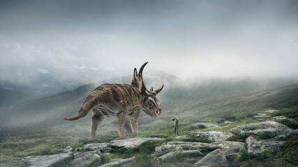 Dinosaur huge higth walking through the jungle, foggy mountains comes across little shocked boy....
