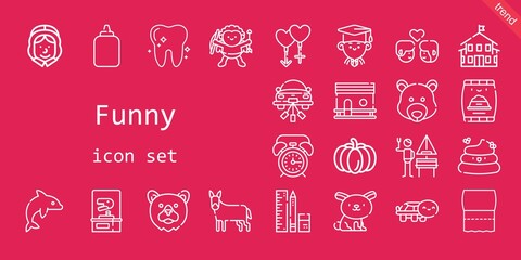 funny icon set. line icon style. funny related icons such as alarm clock, pet food, german, dolphin, couple, kindergarten, turtle, glue, donkey, pilgrim, school material, wedding car, cupid