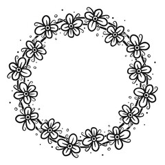 Circular border with flowers, 3. Vector illustration of a floral wreath in black line on white background.