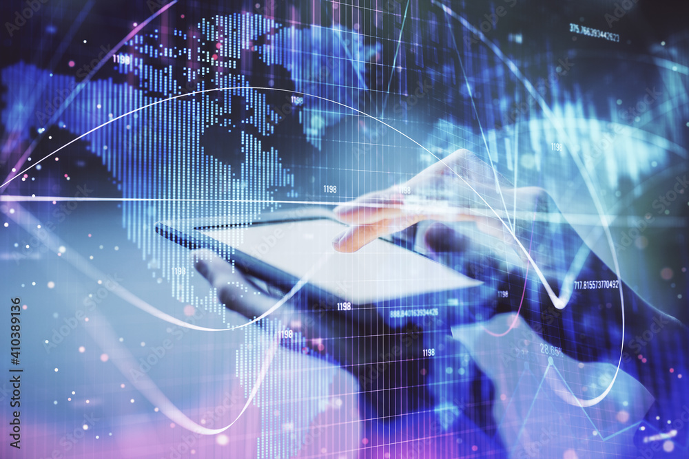 Poster double exposure of business theme sketch hologram and woman holding and using a mobile device.
