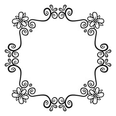 Circular border with flowers, 9. Vector illustration of a floral wreath in black line on white background.
