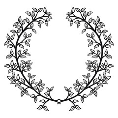 Circular border with leaves, 6. Vector illustration of a wreath of leaves in black line on white background.