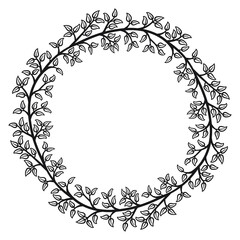Circular border with leaves, 5. .Vector illustration of a wreath of leaves in black line on white background.