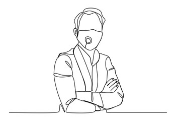 Fototapeta na wymiar A business man wearing protective face mask to prevent virus infection. Continuous one line drawing