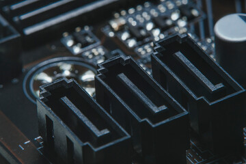 High tech dark background with elements of a computer motherboard in soft focus under high...