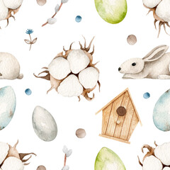 Watercolor seamless pattern for Easter holiday with bunny and eggs