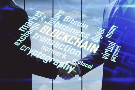 Double exposure of blockchain hologram and handshake of two men. Crypto business concept.