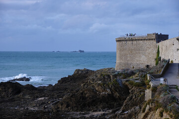 Fototapeta na wymiar the Bidouane Tower is one of the main fortified towers of the ramparts of Saint Malo, Brittany, France