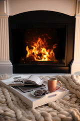 Cup of coffee, cookies and books on knitted blanket near burning fireplace indoors. Cozy atmosphere