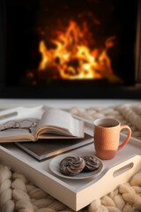 Obraz na płótnie Canvas Cup of coffee, cookies and books on knitted blanket near burning fireplace indoors. Cozy atmosphere