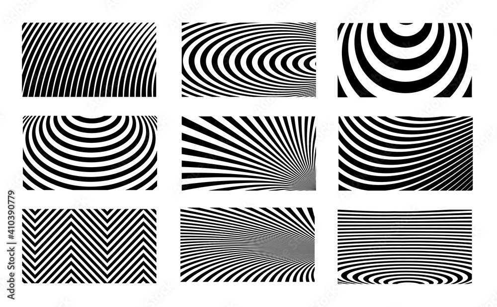 Poster set of optical illusion stripped backgrounds. abstract modern halftone monochrome backdrop. op art v