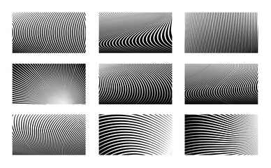 Set of optical illusion stripped backgrounds. Abstract modern halftone monochrome backdrop. Op art vector design.