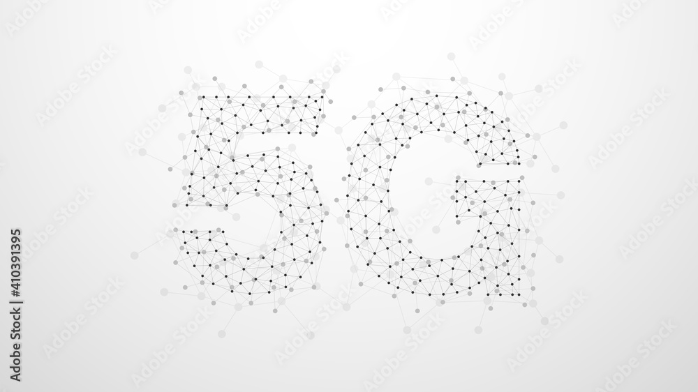 Wall mural 5g abstract plexus dots network. concept of business technology. shape on blue background. vector il