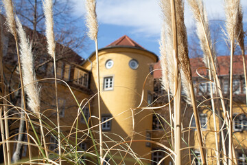 Altes Waisenhaus in Stuttgart Innenstadt mit Skulpturen einem turm und Gräßer im Vordergrund