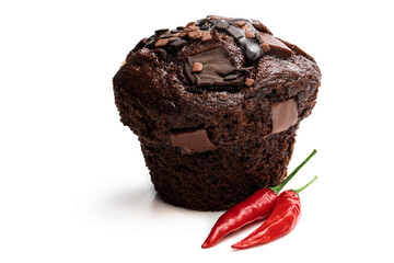 Spicy dark chocolate muffin isolated on white background