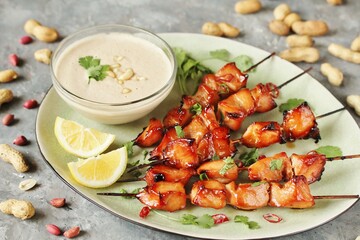 Chicken Satay  with peanut sauce. Grilled chicken skewers served with peanut dipping sauce.
 Traditional Malaysian and Indonesian food.  