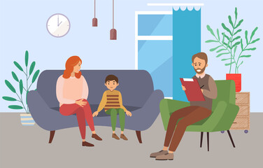 Conversation between mother, child and male psychologist, psychotherapist makes notes in a notebook. Family psychotherapy, psychotherapeutic aid for children with mental problems, consultation