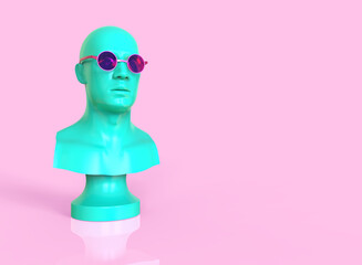 Male mannequin head with pink round glasses. 3d minimal illustration
