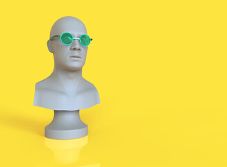 Male mannequin head with green round glasses. 3d render minimal illustration